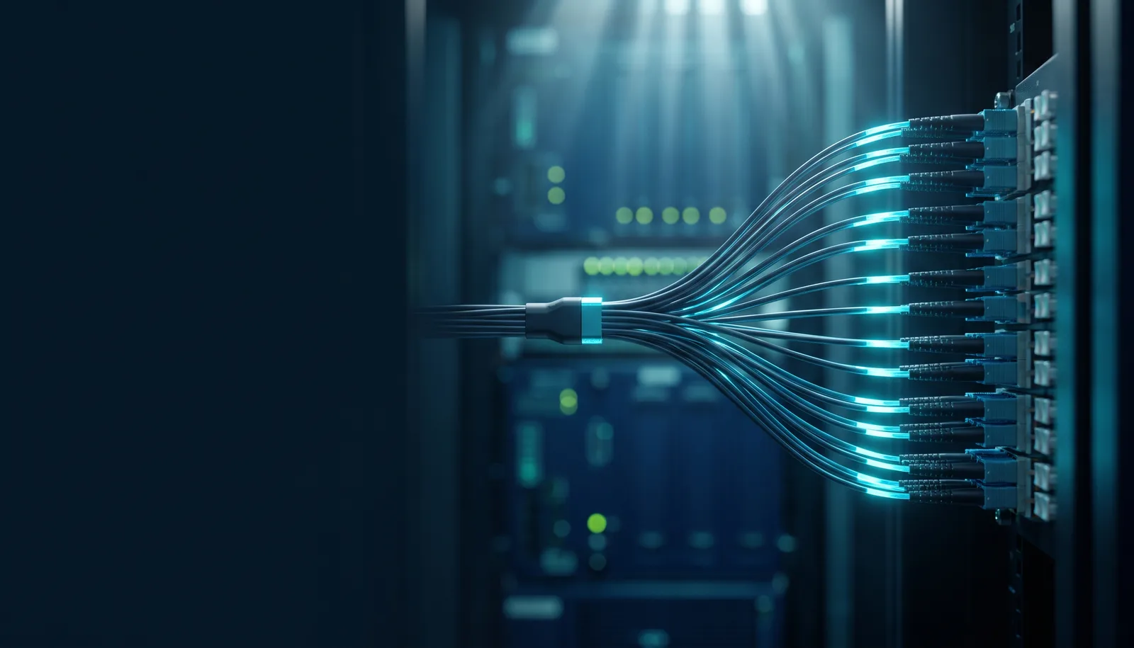 Haz de fibras ópticas con luz cian que se abre en abanico en un panel de conexiones de un centro de datos, como una decisión que se enruta al instante