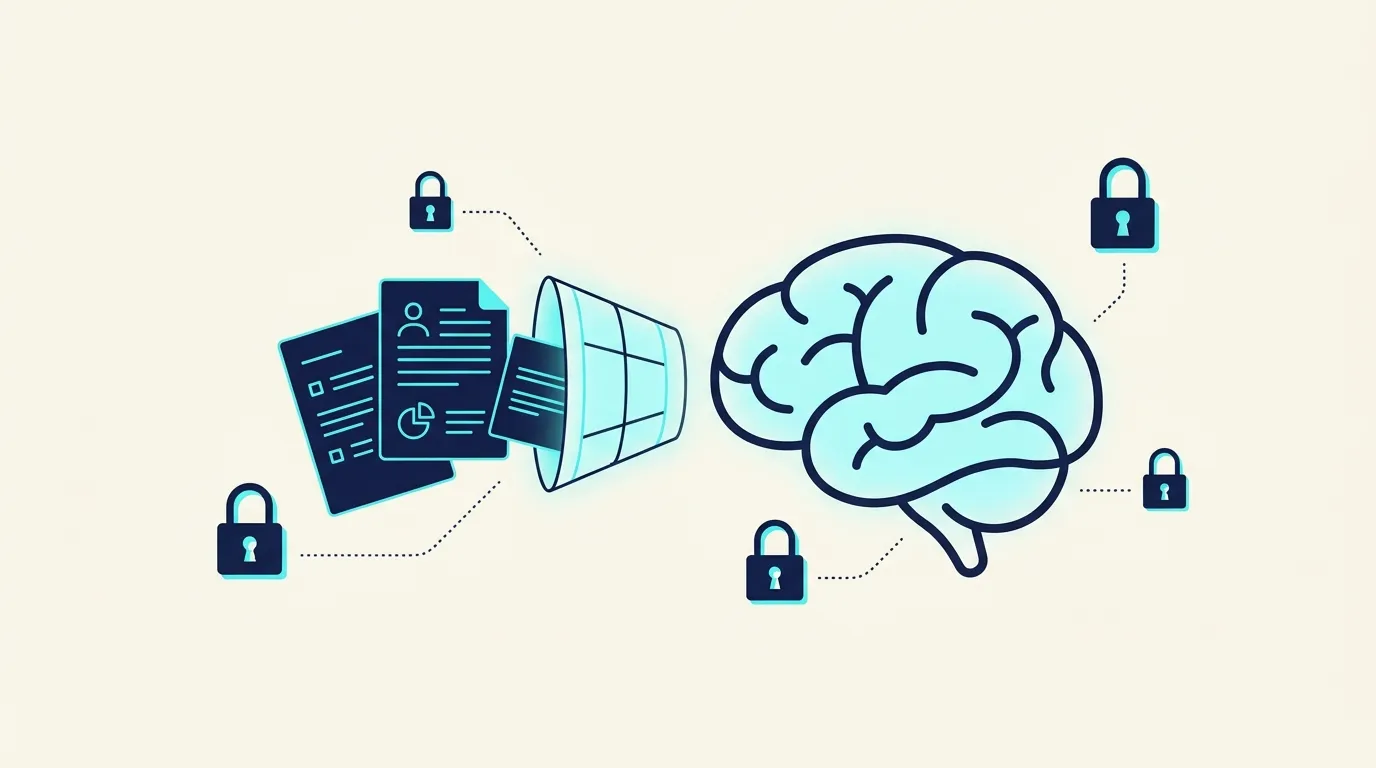 Diagrama de arquitectura de IA en empresa con flujos de datos sensibles protegidos y enmascarados