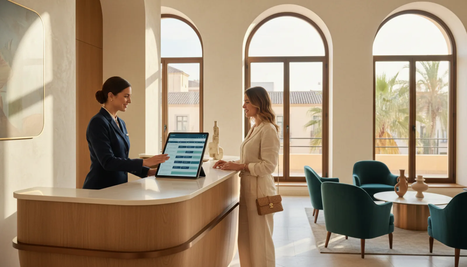 Recepción de un hotel español con un panel digital de reservas y un huésped consultando su móvil