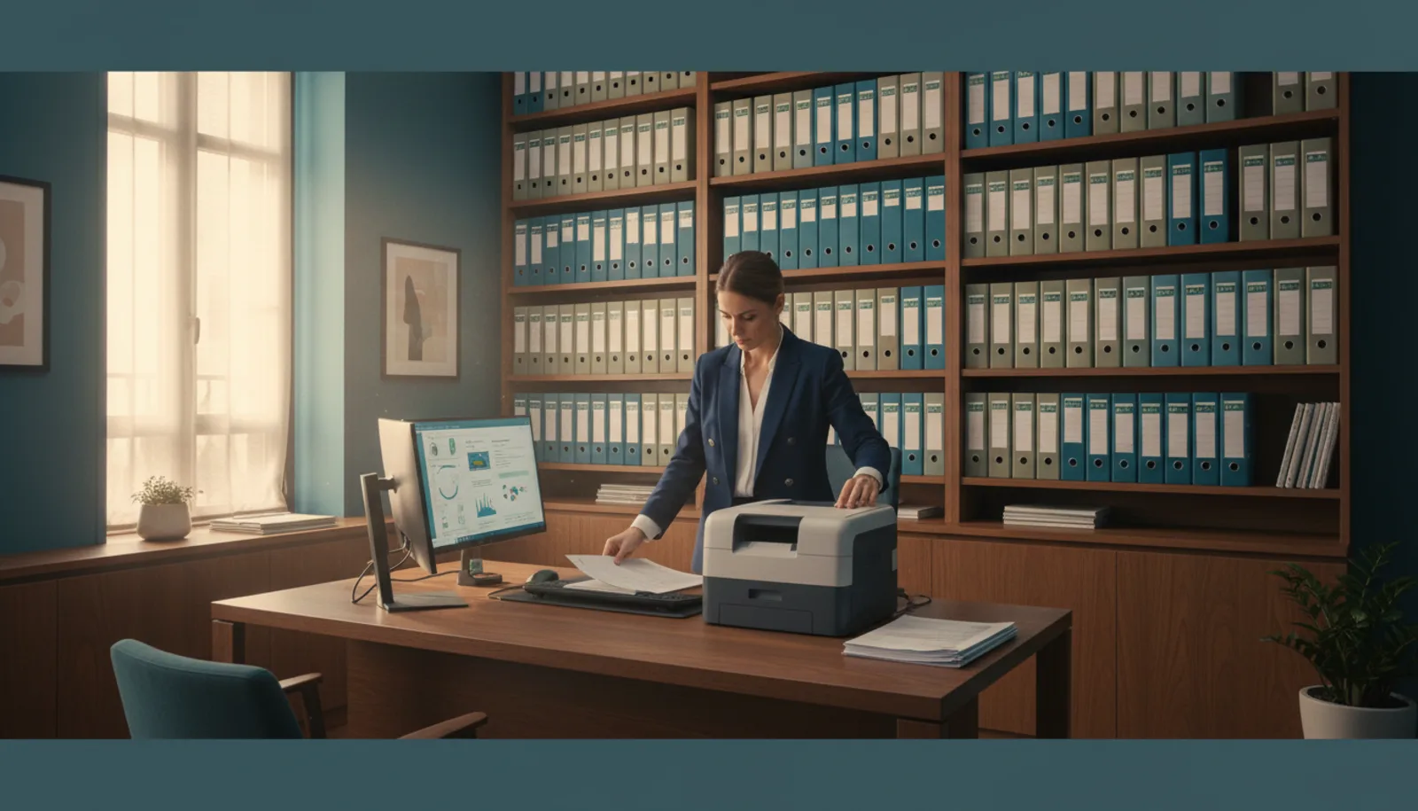Despacho de una gestoría con documentación fiscal y contable procesándose en pantalla con ayuda de IA
