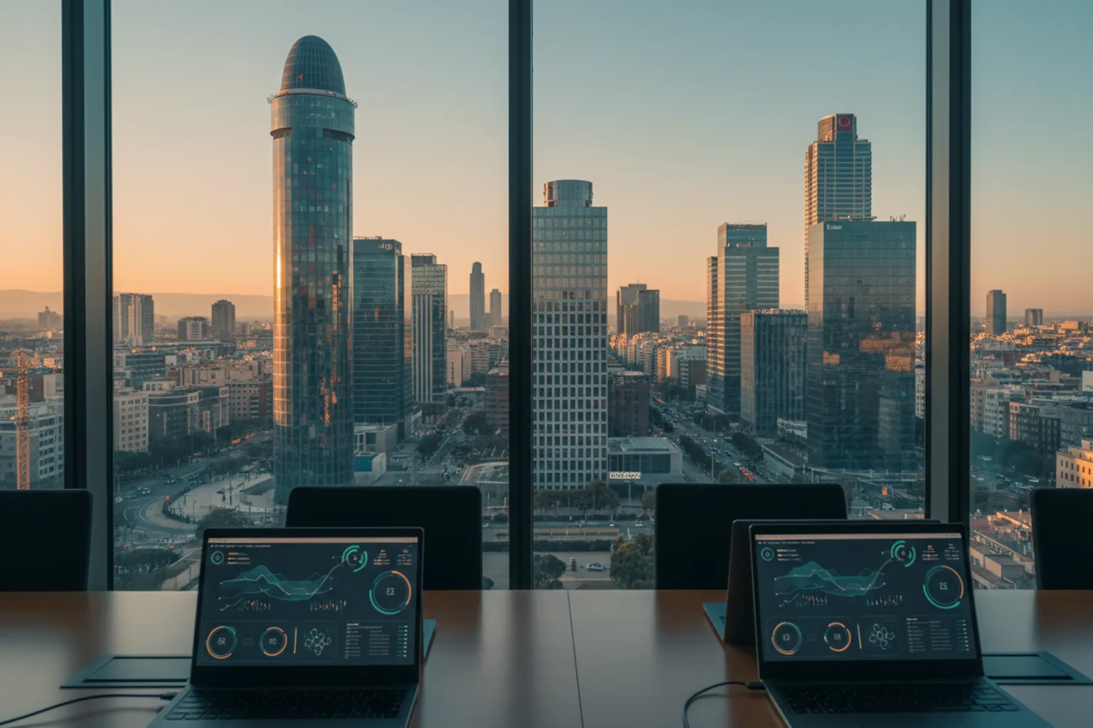 Mejor agencia de IA en Barcelona: skyline tecnológico de la ciudad con el distrito 22@ y equipos trabajando en proyectos de IA